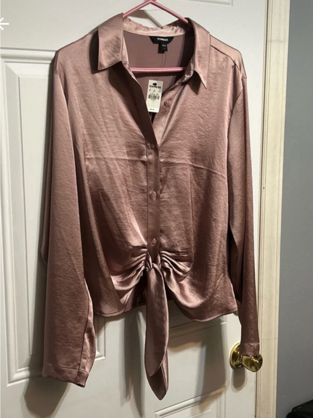 Express Satin Tie-Front Button-Up Shirt - Rose
